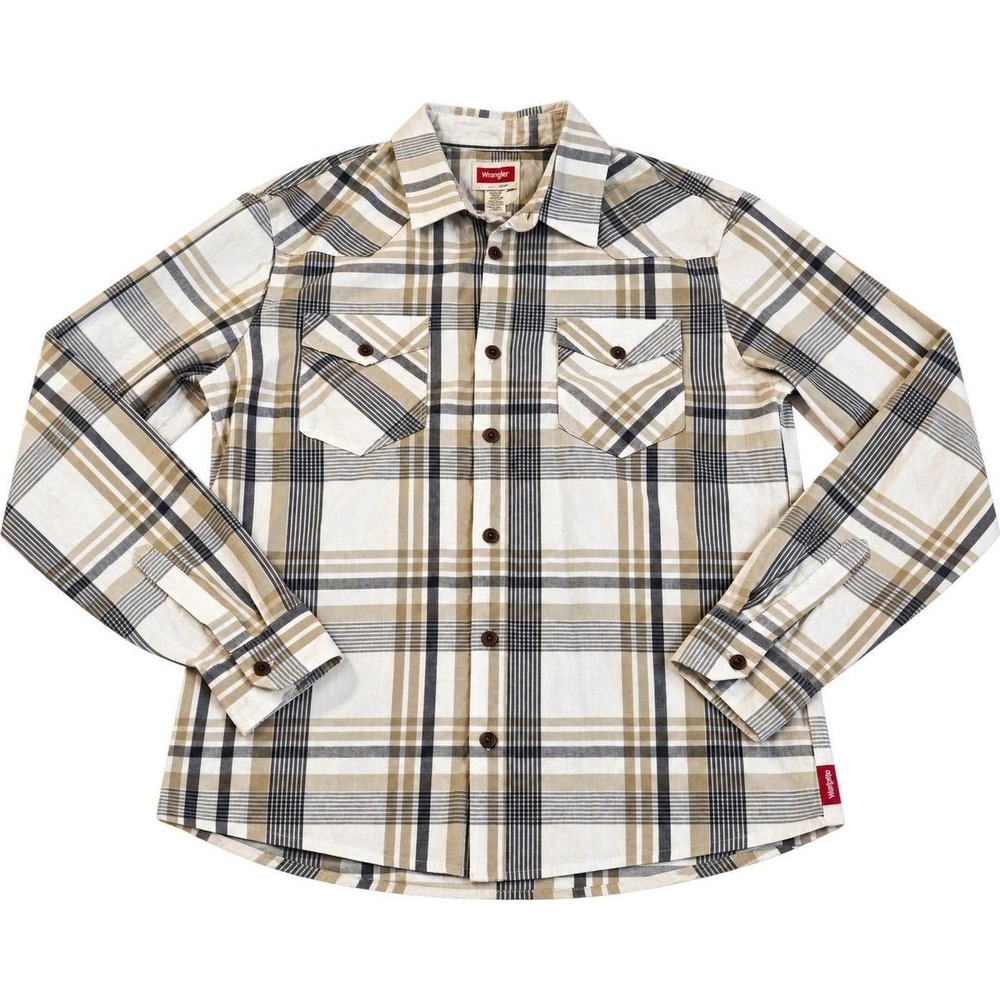 Wrangler Tan & White Plaid Long Sleeve Button Front Shirt (medium)